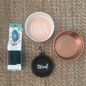 Pet Bowl and Brush Set with Diva and Woof Design